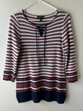 Lauren Ralph Lauren Jeans Co 100% Cotton Knit Sweater Stripe Navy Red Cream XS